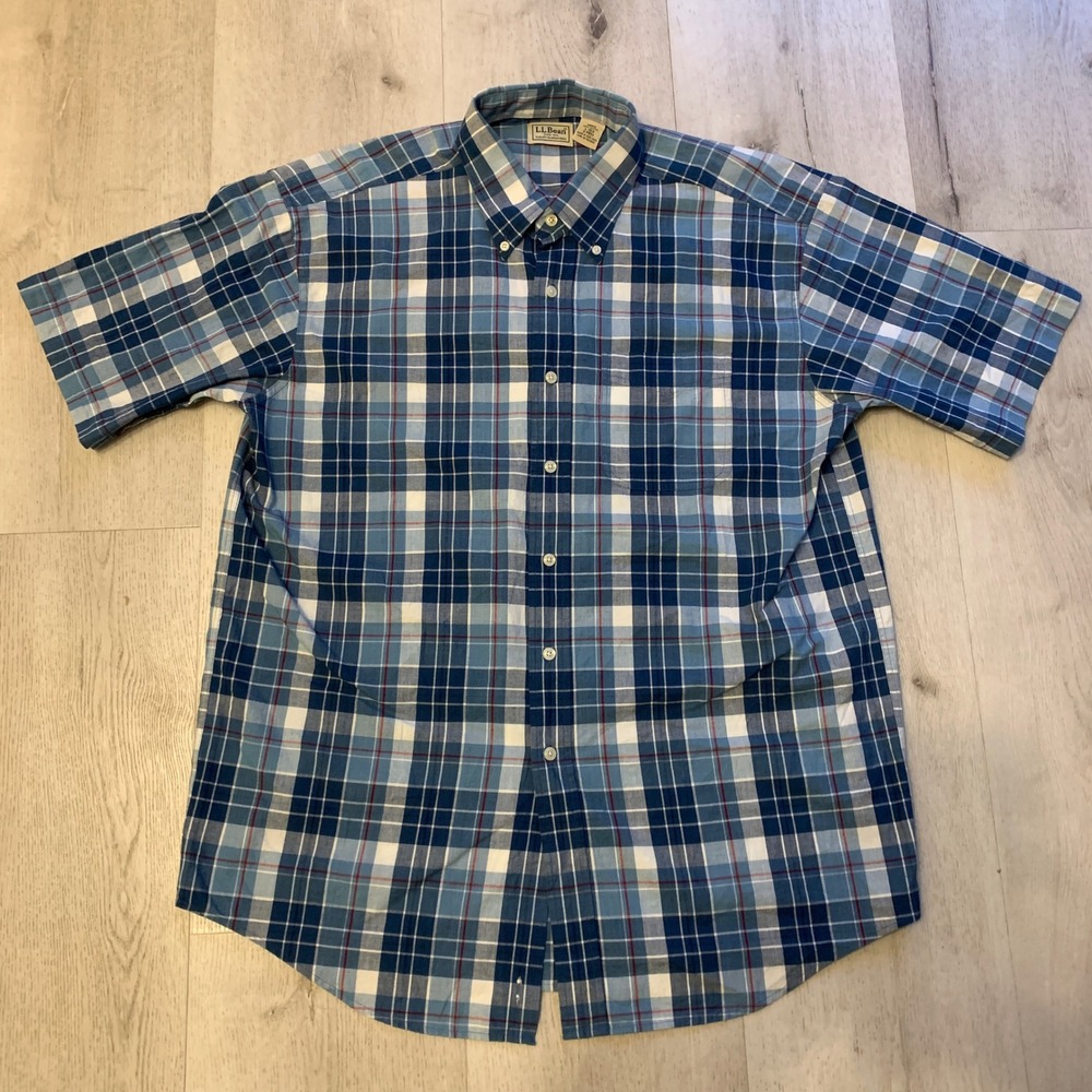 L.L. Bean Men's Large Regular Plaid‎ Check Short Sleeve Button Down Shirt